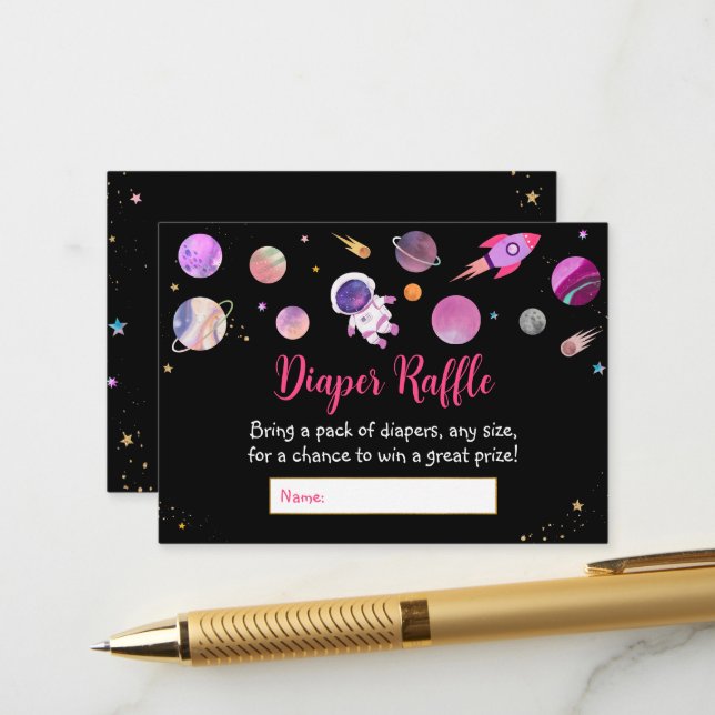 Pink Girl Space Baby Shower Diaper Raffle Enclosure Card (Front/Back In Situ)