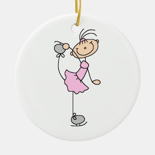 Pink Girl Stick Figure Ice Skater Ceramic Ornament (Front)