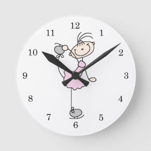 Pink Girl Stick Figure Ice Skater Round Clock