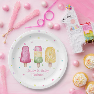 Pink Girl Summer Popsicle Birthday Party Paper Plate