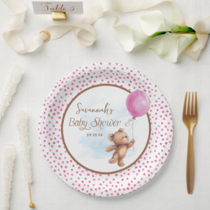 Pink Girl Teddy Bear Baby Shower Paper Plate