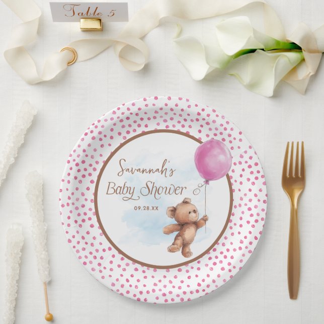 Pink Girl Teddy Bear Baby Shower Paper Plate (Wedding)
