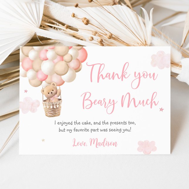 Pink Girl Teddy Bear Balloons Birthday Thank You Card (Creator Uploaded)