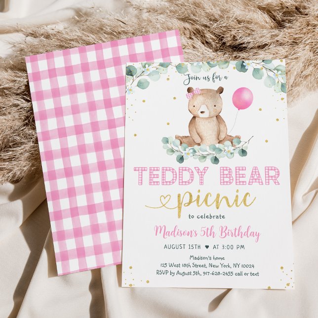 Pink Girl Teddy Bear Picnic Birthday Invitation (Creator Uploaded)