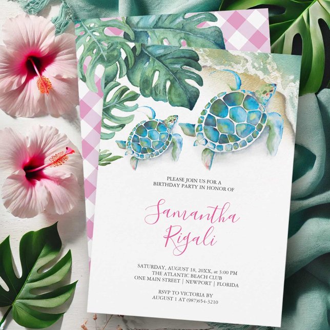 Pink Girl Tropical Sea Turtle Gingham Birthday  Invitation (Sea turtle birthday invitations pink watercolor art by Victoria Grigaliunas Do Tell A Belle)