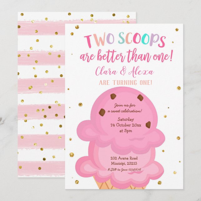 Pink Girl Twins Glace Invitation (Devant / Derrière)