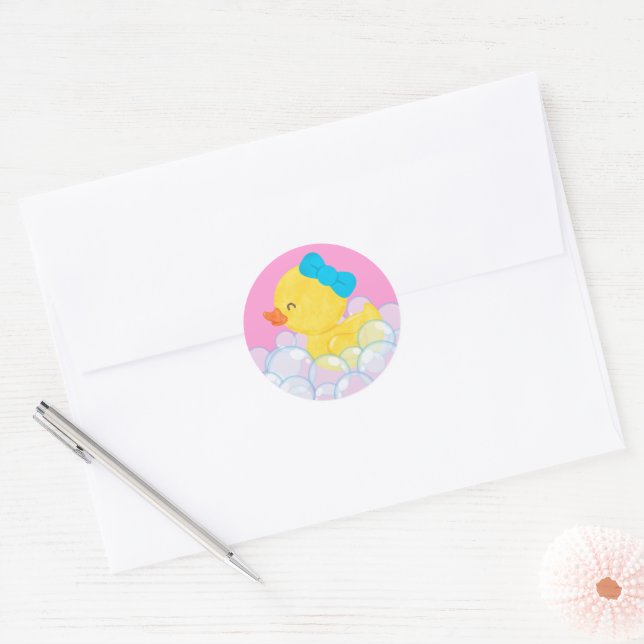 Pink Girl Watercolor Rubber Duck Round Stickers (Envelope)