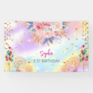 pink girl welcome floral watercolor birthday party banner