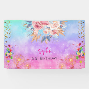 pink girl welcome floral watercolor birthday party banner
