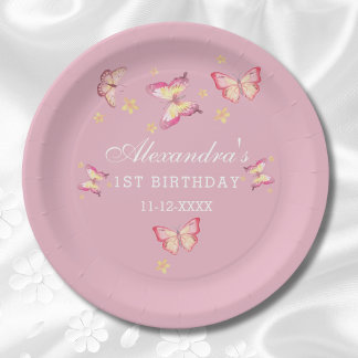 Pink Girl Whimsical Butterfly 1st Birthday Party Paper Plate