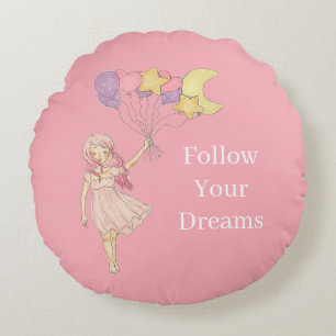 Pink Girl Yellow Purple Heart Stars Moon Balloons Round Pillow