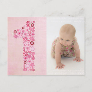 Pink Girl's 1st Birthday Thank You Photo Postcard