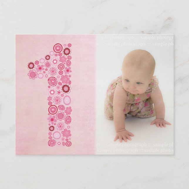 Pink Girl's 1st Birthday Thank You Photo Postcard (Front)