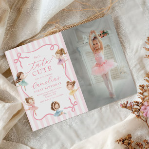 Pink Girls Bow Tutu Ballerina 1st Birthday Photo Invitation