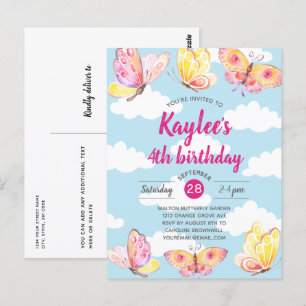 Pink Girls Butterfly Birthday Party Invitation Postcard