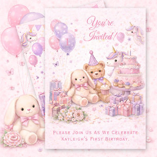 Pink Girl's First Birthday Party Invitation