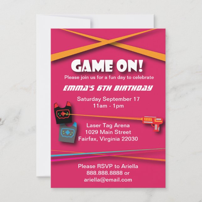 Pink Girl's Laser Tag Birthday Party Invitation (Front)