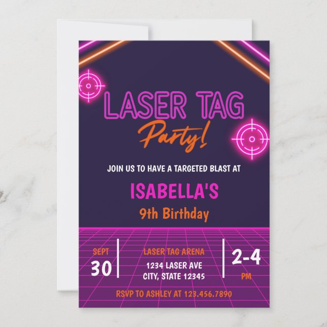Pink Girl's Laser Tag Neon Glow Birthday Invitation (Front)