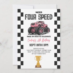 Pink Girls Monster Truck 4th Birthday Party Invitation