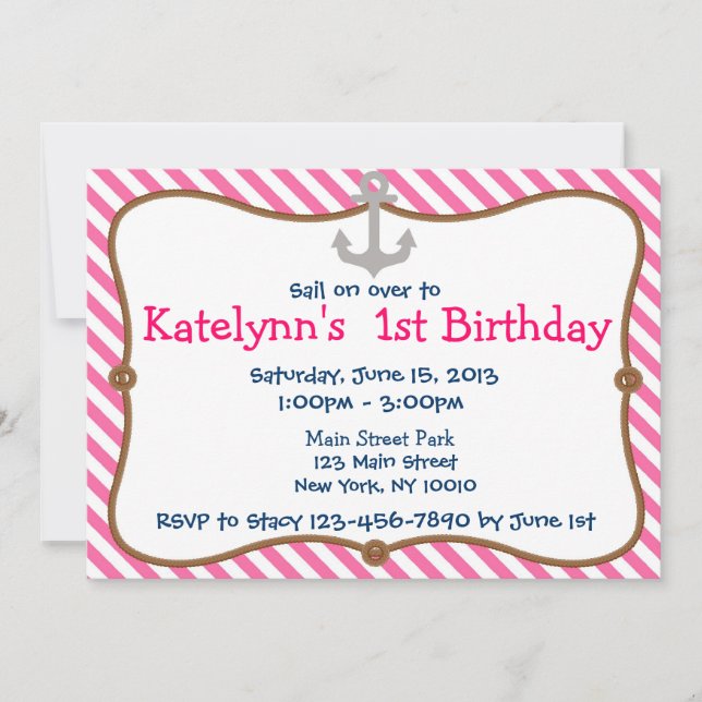 Pink Girl's Nautical Birthday Party Invitation (Front)