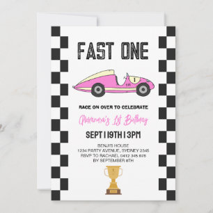 Pink Girls Retro Race Car 1st Birthday Party Invitation