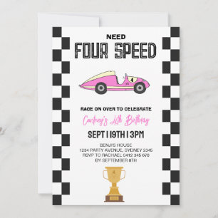 Pink Girls Retro Race Car 4th Birthday Party Invitation