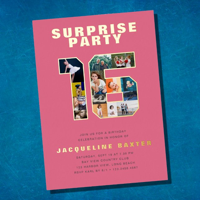 Pink Girl's Surprise Sweet 16 Birthday Photo Gold (Creator Uploaded)