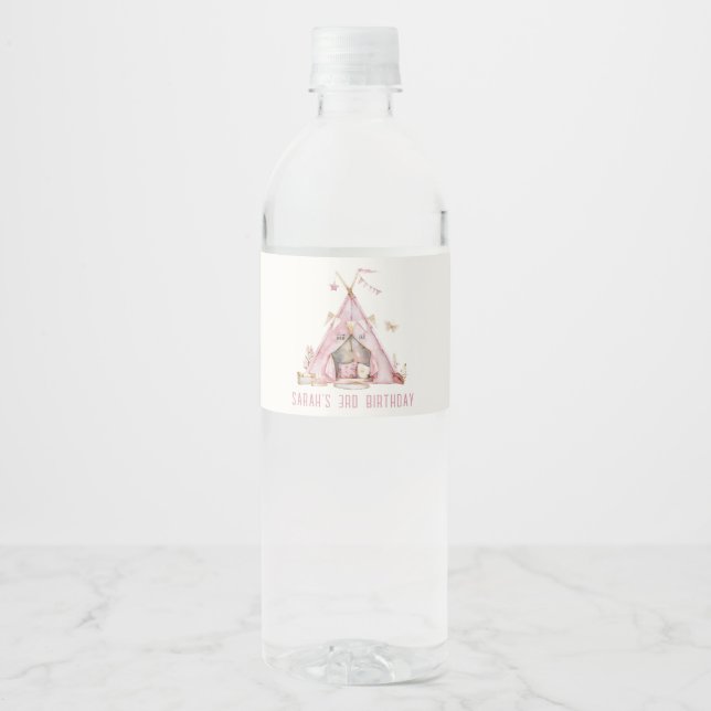 Pink Girls Tent Sleepover Slumber Birthday Party Water Bottle Label (Front)