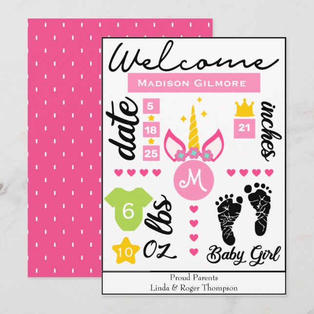 Pink Girls Unicorn Birth Stats Announcement (Front/Back)