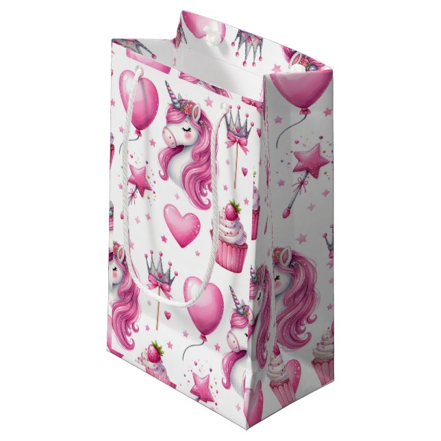 Pink Girl's Unicorn Birthday Small Gift Bag (Front Angled)