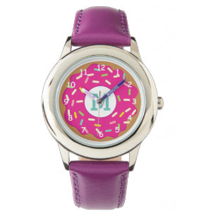 Pink girl's watch with cute pink sprinkled doughnu