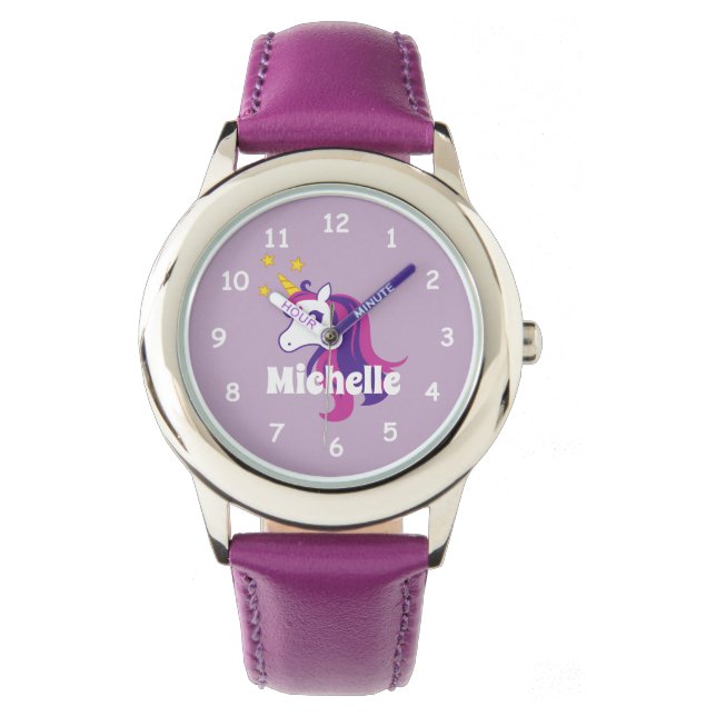 Pink girl's watch with cute unicorn & custom name (Front)
