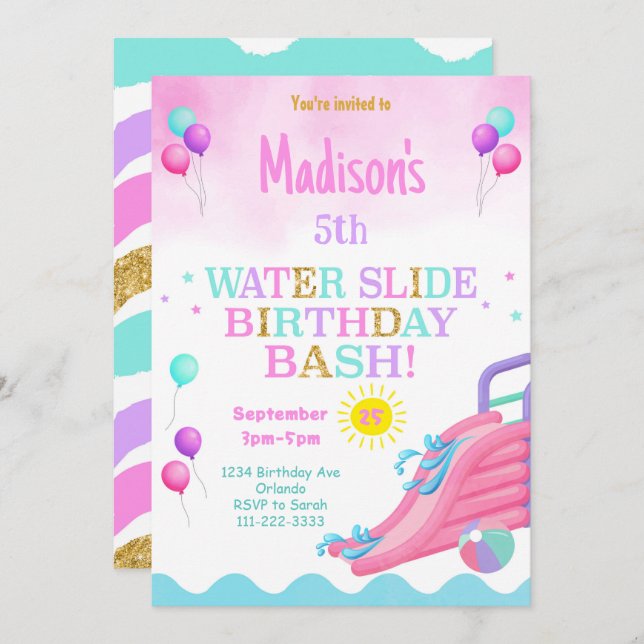 Pink Girls Waterslide Anniversaire Bash Invitation (Devant / Derrière)