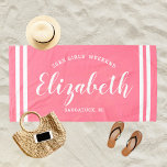Pink Girls Weekend Personalized Name Beach Towel<br><div class="desc">Personalized beach towel design for a girls' weekend vacation getaway features a custom first name in modern script writing framed by coastal stripes,  with custom text for the occasion. The pretty pink background colour can be modified. Please visit our shop for other colour options.</div>