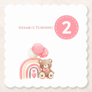 Pink girly 2nd Birthday rainbow, teddy & balloon  Paper Coaster