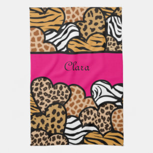 Pink Girly animal print hearts with a name Kitchen Towel