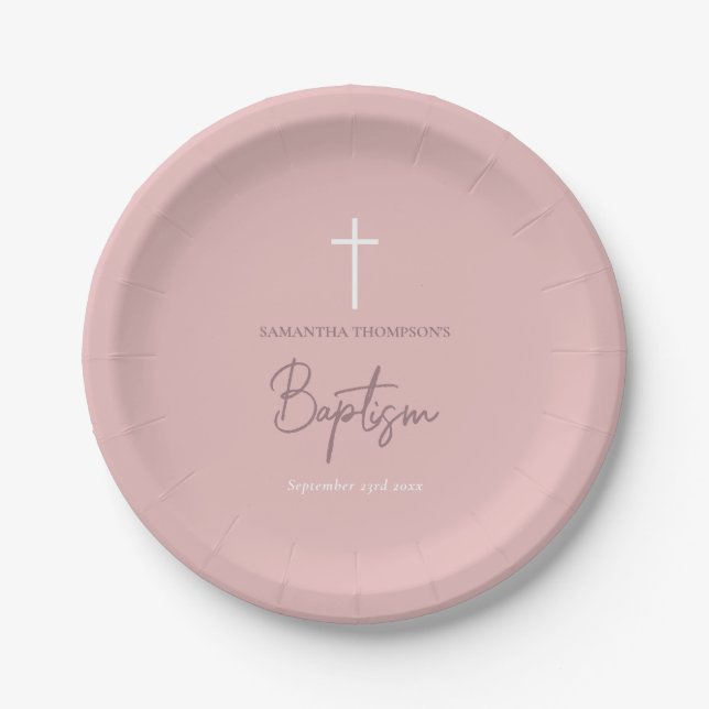 Pink Girly Baby Girl Calligraphy Baptism  Paper Plate (Front)