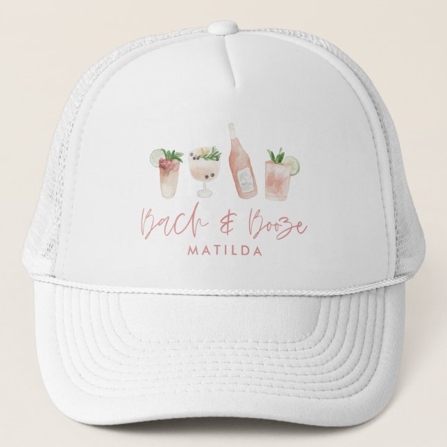 pink girly bach & booze bachelorette weekend chic trucker hat (Front)