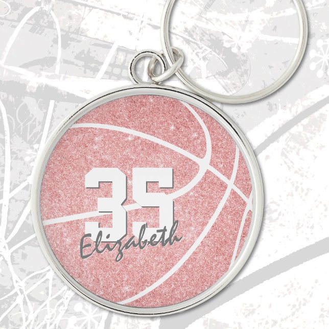 pink girly basketball w name jersey number keychain (Creator Uploaded)