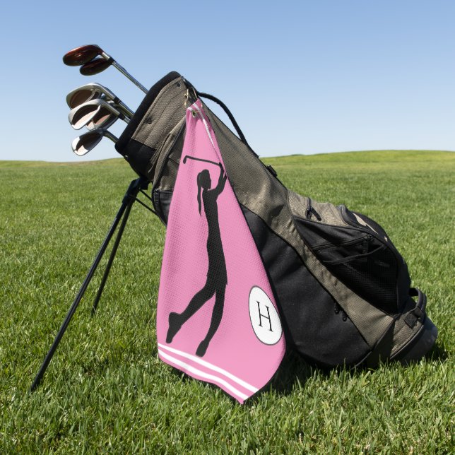 Pink girly black silhouette girl golfer ladies gol golf towel (Green)