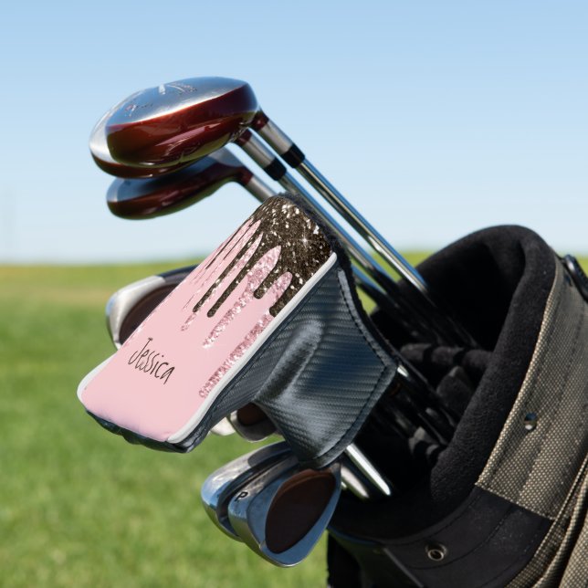 Pink Girly Bling Womens Black Script Glitter Name Golf Head Cover (In Situ)