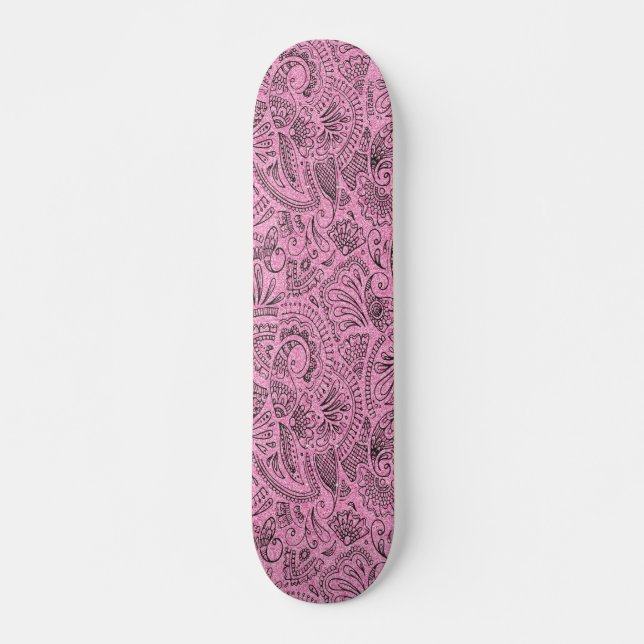 Pink Girly Boho Sketch Glitter Glam Monogram Skateboard (Front)