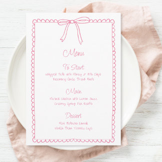 Pink Girly Bow Scallop Wedding Bridal Shower Menu