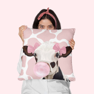 Pink Girly Bubblegum Blowing Cow Throw Pillow