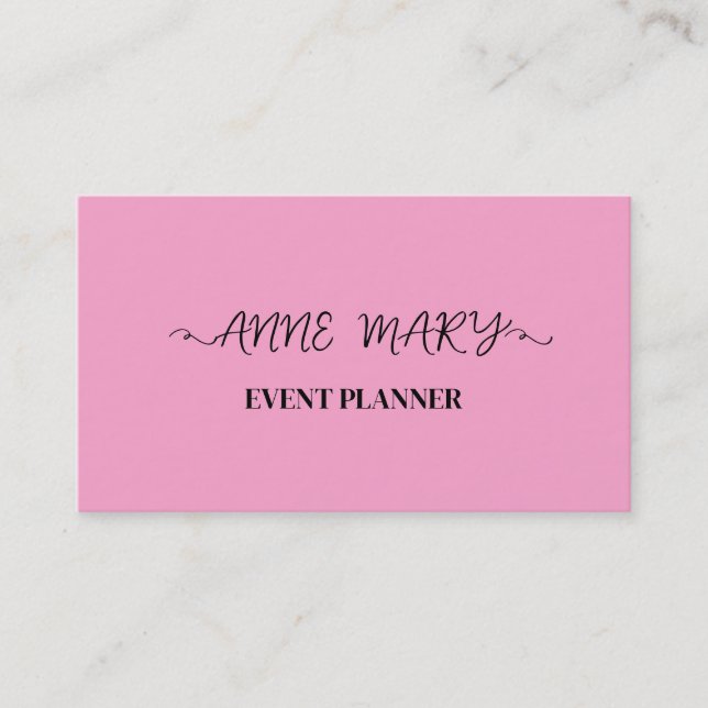 Pink Girly Calligraphy Event Planner Simple Trendy Business Card (Front)