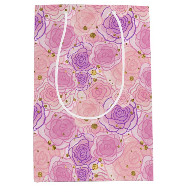 Pink Girly Chic Rose Glitter Floral Wrapping Paper Medium Gift Bag (Front)