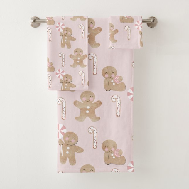 PINK! Girly Christmas GIngerbread pattern Towell Bath Towel Set (Insitu)