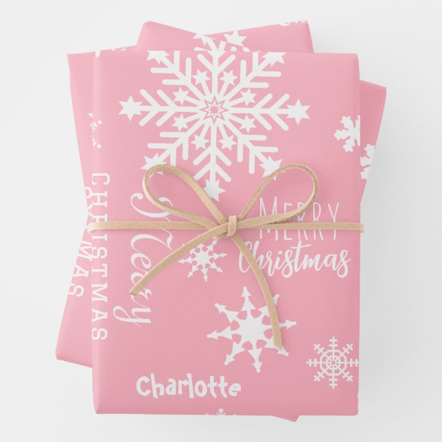 Pink Girly Custom Name Christmas Holiday Snow Wrapping Paper Sheet (In situ)