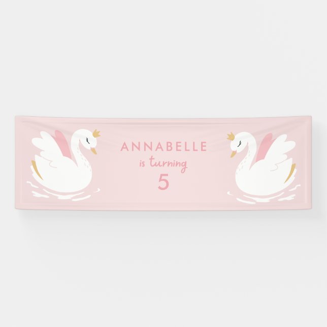 Pink girly cute swan elegant birthday party banner (Horizontal)