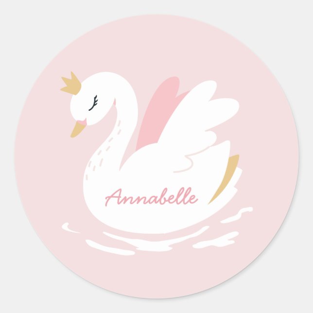 Pink girly cute swan elegant birthday personalized classic round sticker (Front)